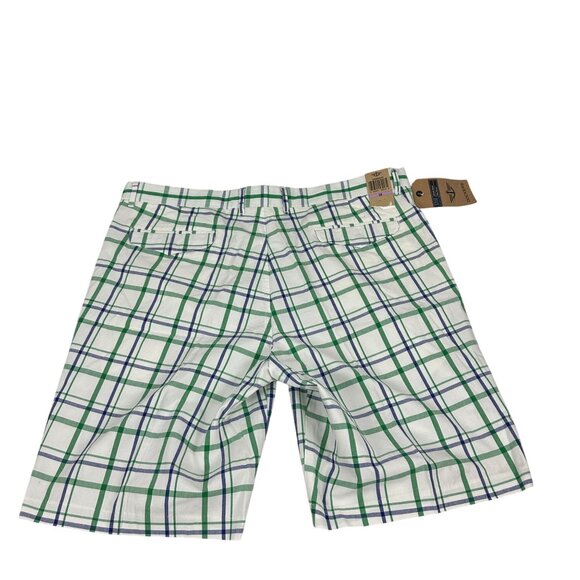 Docker Khaki Short Flat Front Straight Fit Mens Plaid 38" Waist Green & Blue - Picture 3 of 7